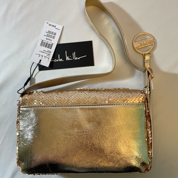 Shoulder Bag Purse Gold Sequins Faux Leather Nicole Miller Mini Holiday Party - Picture 3 of 3